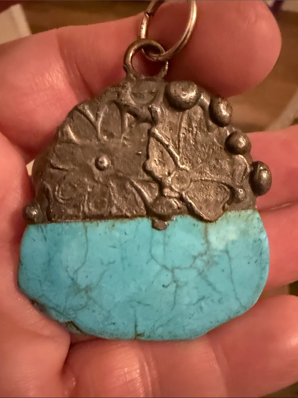 Turquoise Stone Pendant with Decorative Metal Cap - Picture 3 of 4